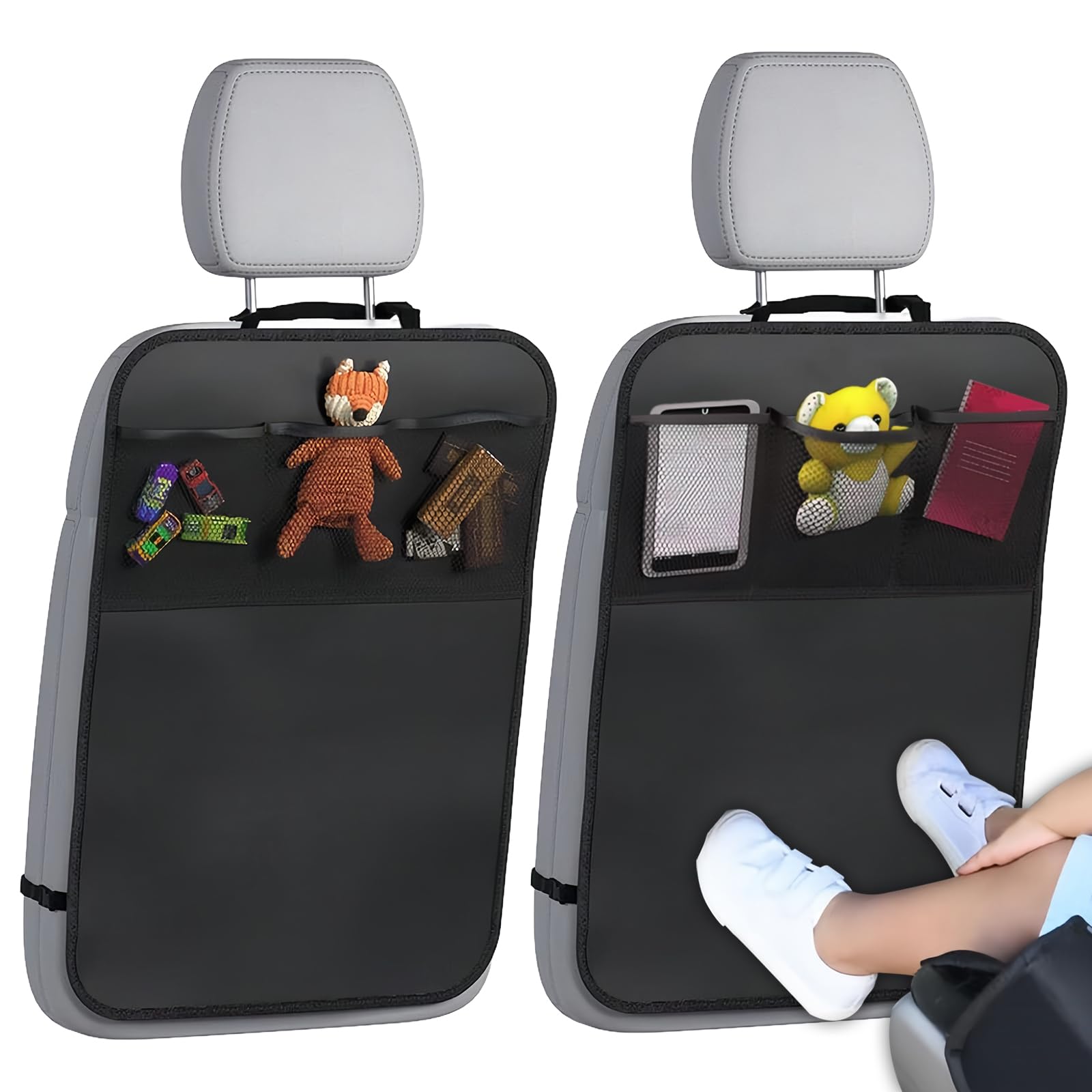 Hiahxc 2Pcs Kick Mats Back Seat Protector For Kids,Car Seat Kick Mats,Universal Waterproof & Stain Resistant Seat Protectors,Adjustable Car Backseat Organizer With Pockets,Baby Essentials