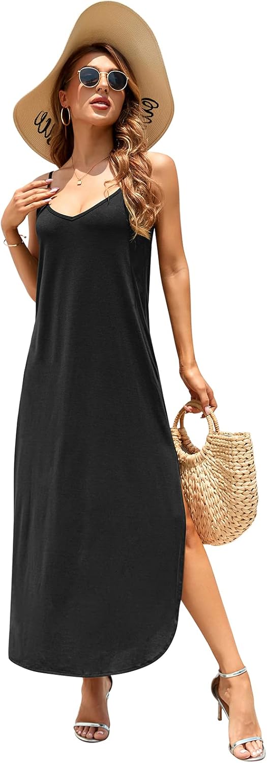 HUSKARY Women's Summer Casual Sleeveless V Neck Strappy Split Loose Dress Beach Cover Up Long Cami Maxi Dresses with Pocket - Image 4