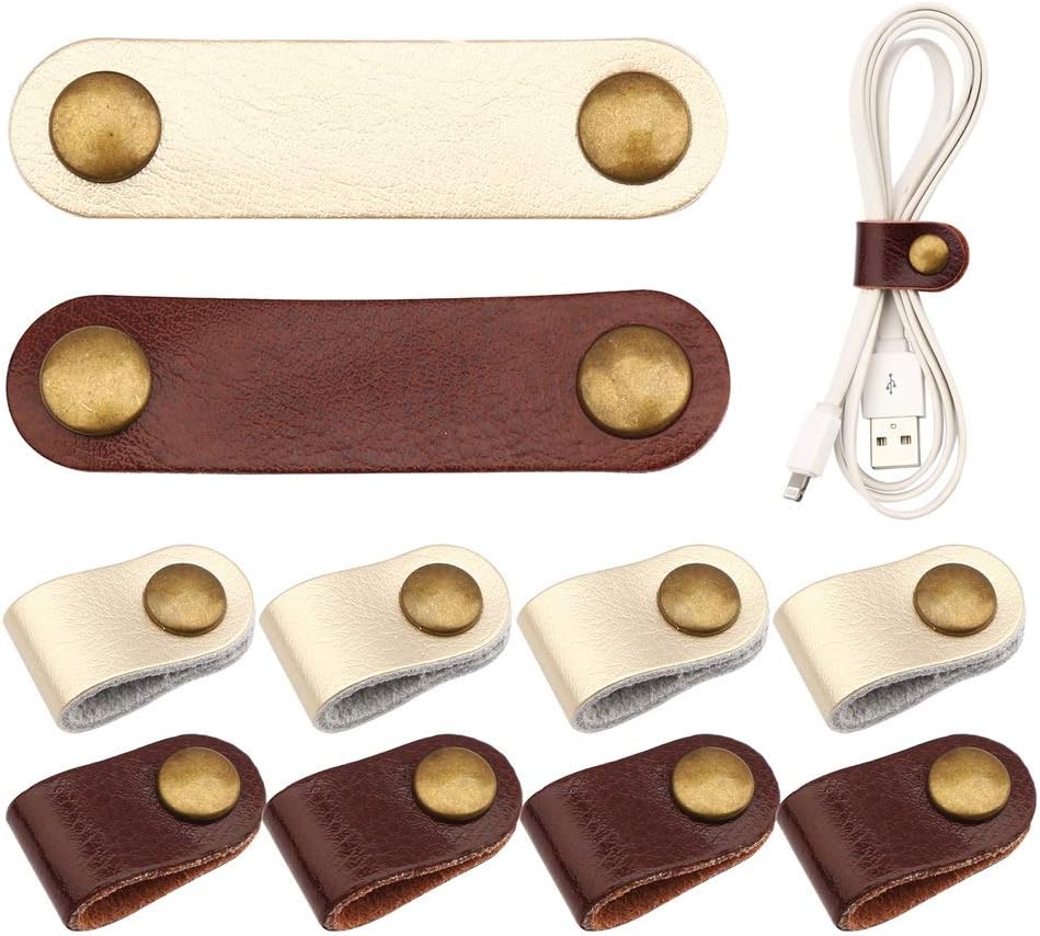 10 Pcs Cord Organizer, Portable Earphone Cord holder Winder keeper, Leather Cable Cord USB Straps, Earphone Winder with Leather Handmade, Stocking Stuffers for Men (Brown/white)