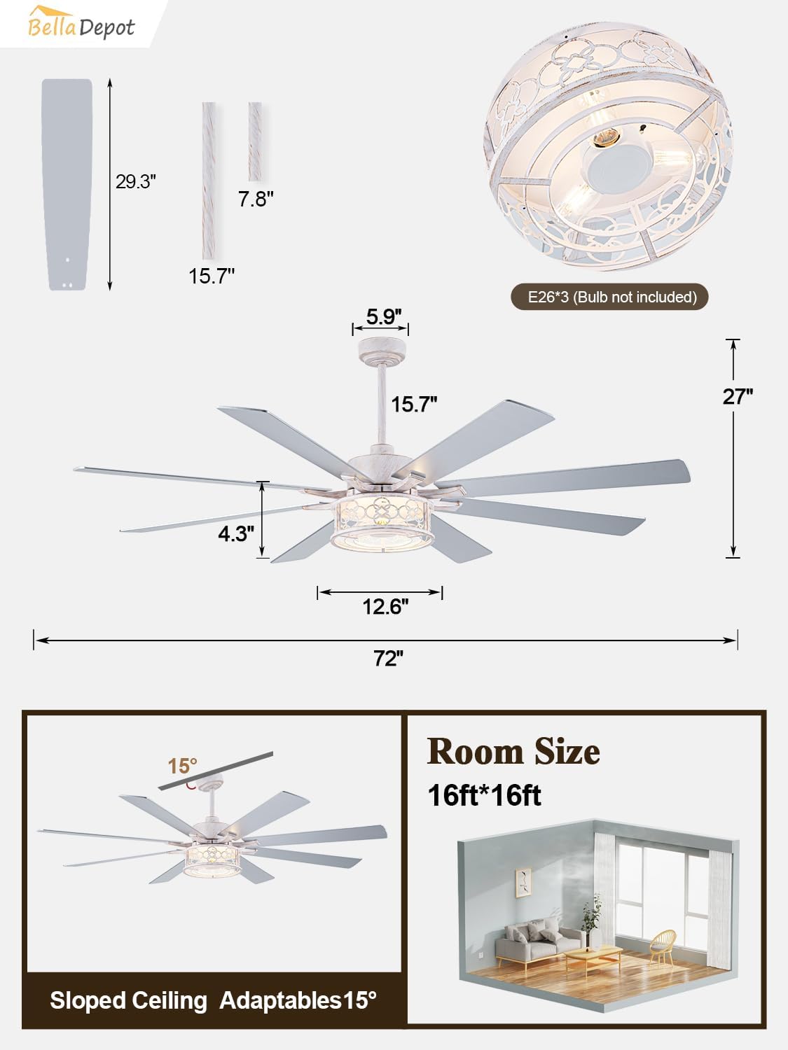 72 Inch Farmhouse Ceiling Fan with Lights Large Chandelier Caged Fan with Quiet Reversible DC Motor Rustic Fan with Wooden Blades - Ideal for Bedroom, Living Room, Dining Room, Any big spaces