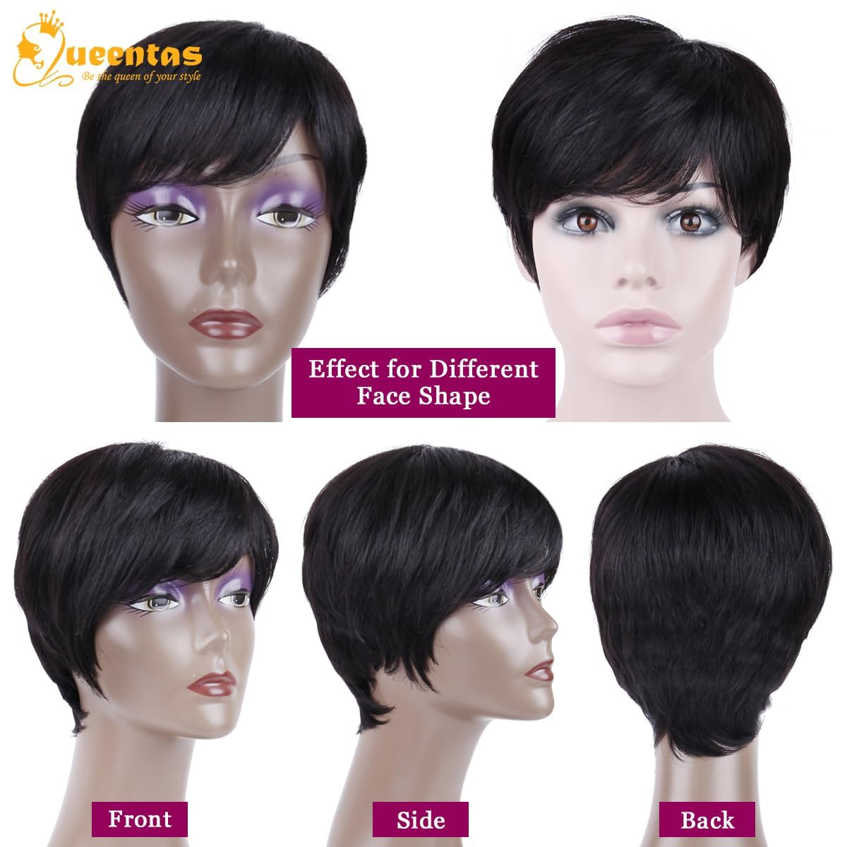 QUEENTAS Human Hair Wig Short Wigs for Black Women Pixie Cut Wig Brazilian Glueless Real hair Wigs for Daily Use(Natural Black#1B) - Image 2