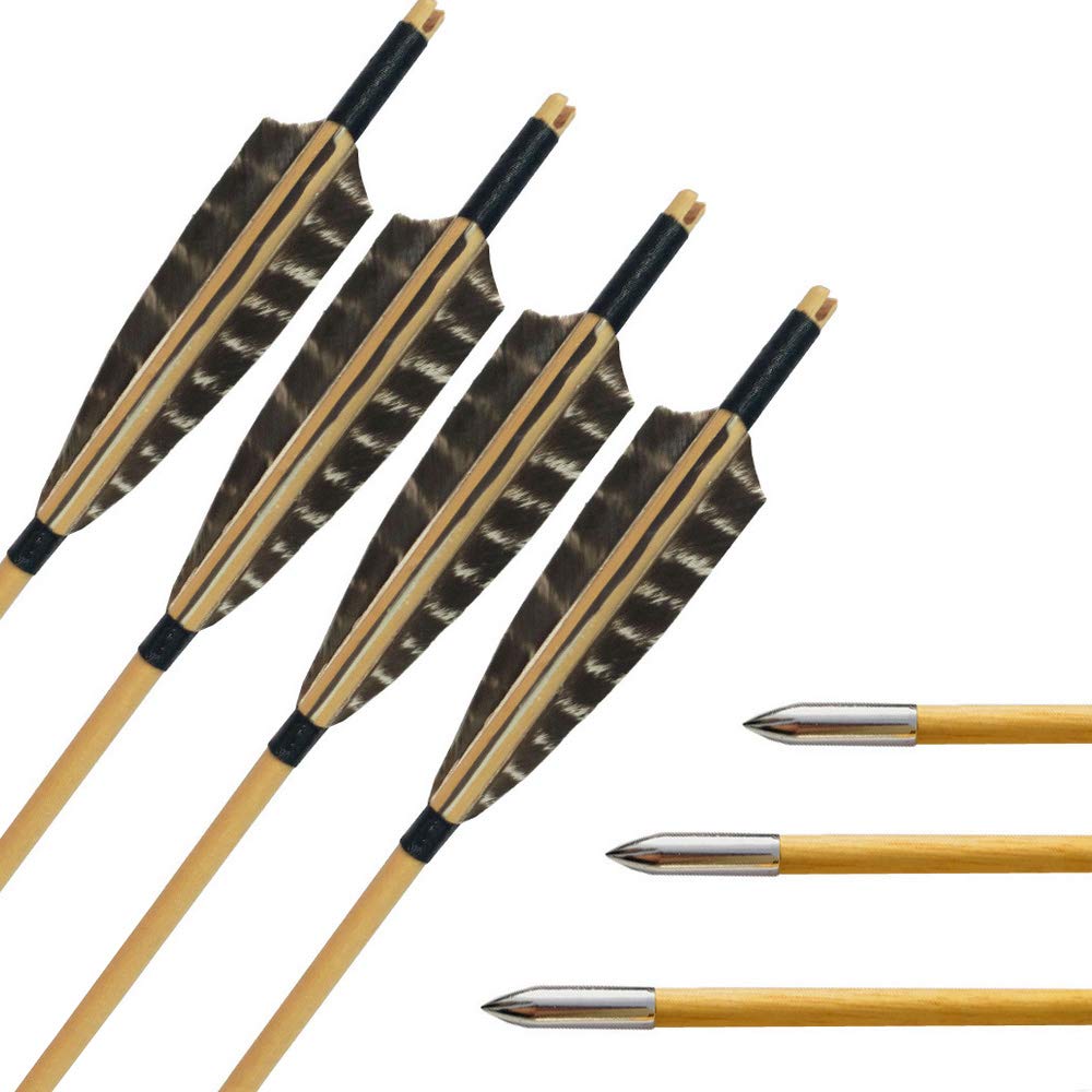 SHARROW 6pcs Tir à l'arc Flèches en Bois 31 Pouces Fait Main avec 5" Plumes de Flèche Naturelles Pointe de Flèche Têtes pour Arc Classique Recurve Arc Composé Longbow