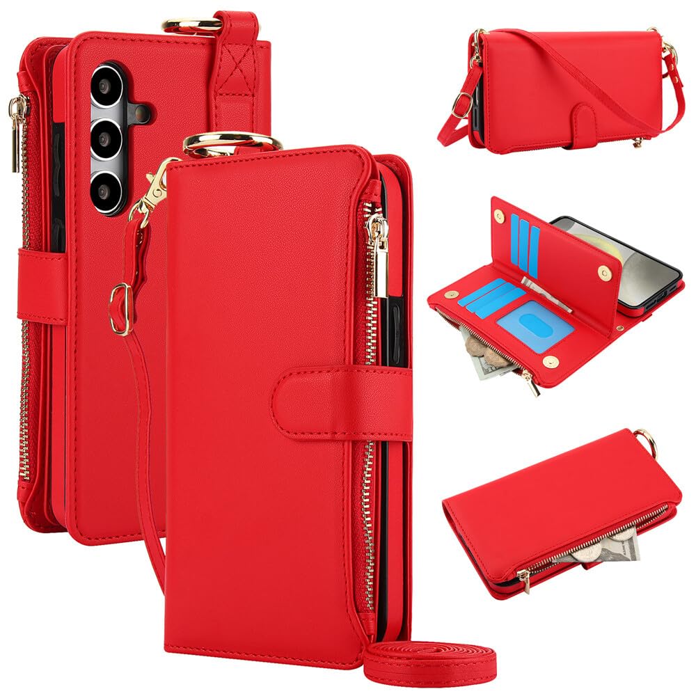 Generic Compatible con Samsung Galaxy A52 4G / 5G (color rojo) Funda tipo cartera con cremallera magnética con correa para el hombro