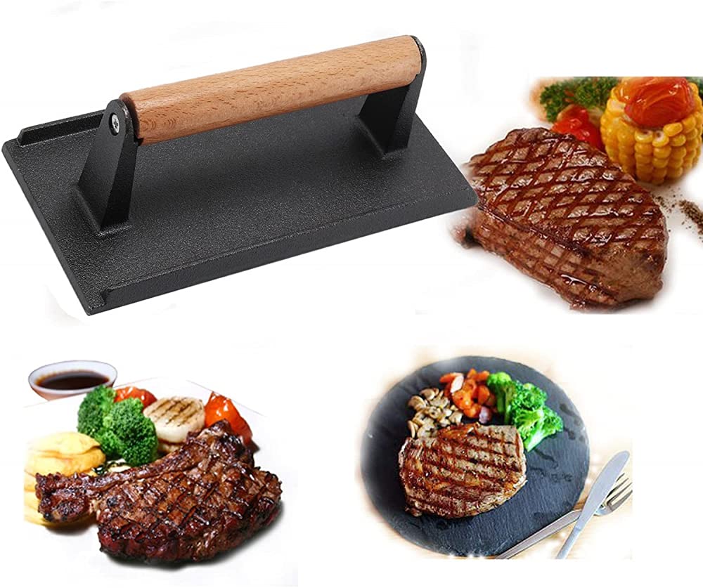 Prensa De Hierro Fundido para Carne De 20x10x7 Cm Prensa De Hamburguesa Prensa De Tocino con Mango De Madera para Accesorios De Parrilla De Barbacoa.