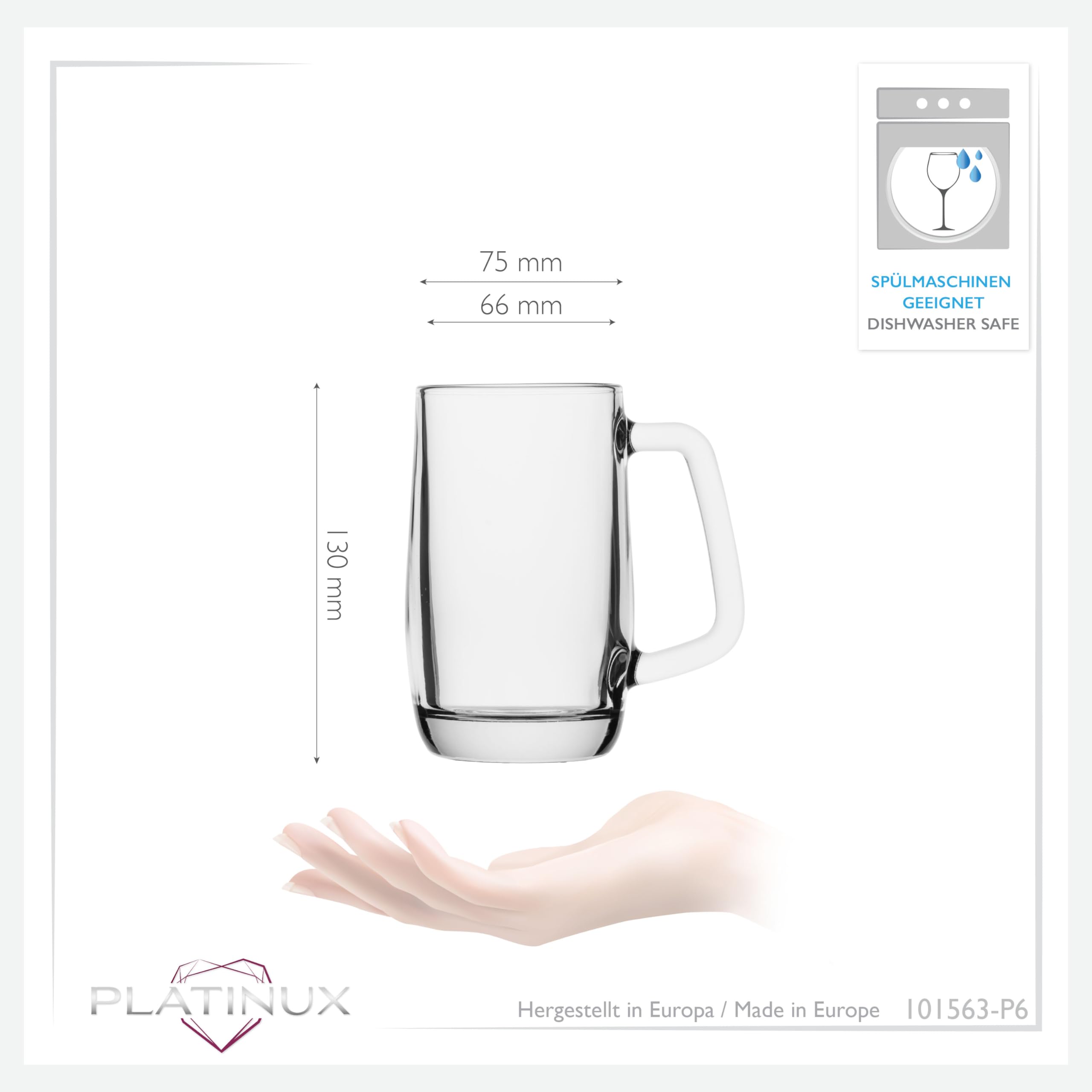 PLATINUX Juego de 6 jarras de cerveza con asa de cristal, 300 ml (máx. 375 ml)