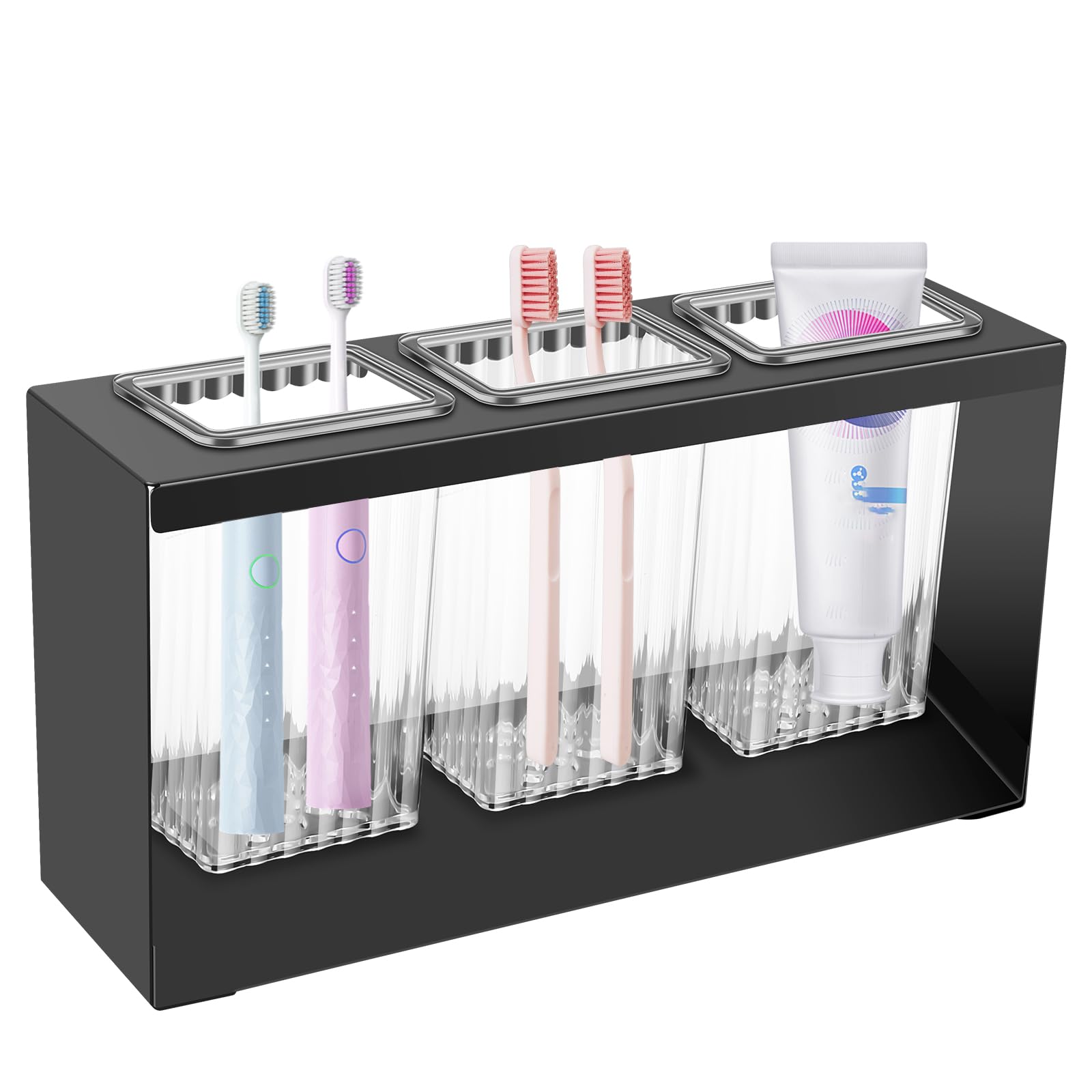 Jethma Black Toothbrush Holder With Tilt Tray 3 Compartment Tooth Brushing Organizer Drained Toothpaste Organizer Multifunctional Toothpaste Caddy Organizer Toothpaste Holder For Home Bathroom(Black)