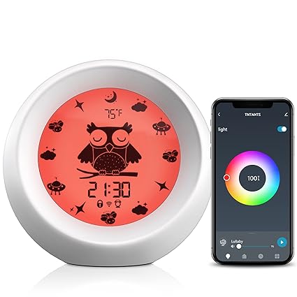 TNTANTS Kids Alarm Clock - 1-6 Years Old Child Facial Expression APP Sleep Trainer with Night Light Sleep Sounds Machine, Kids Alarm Clock