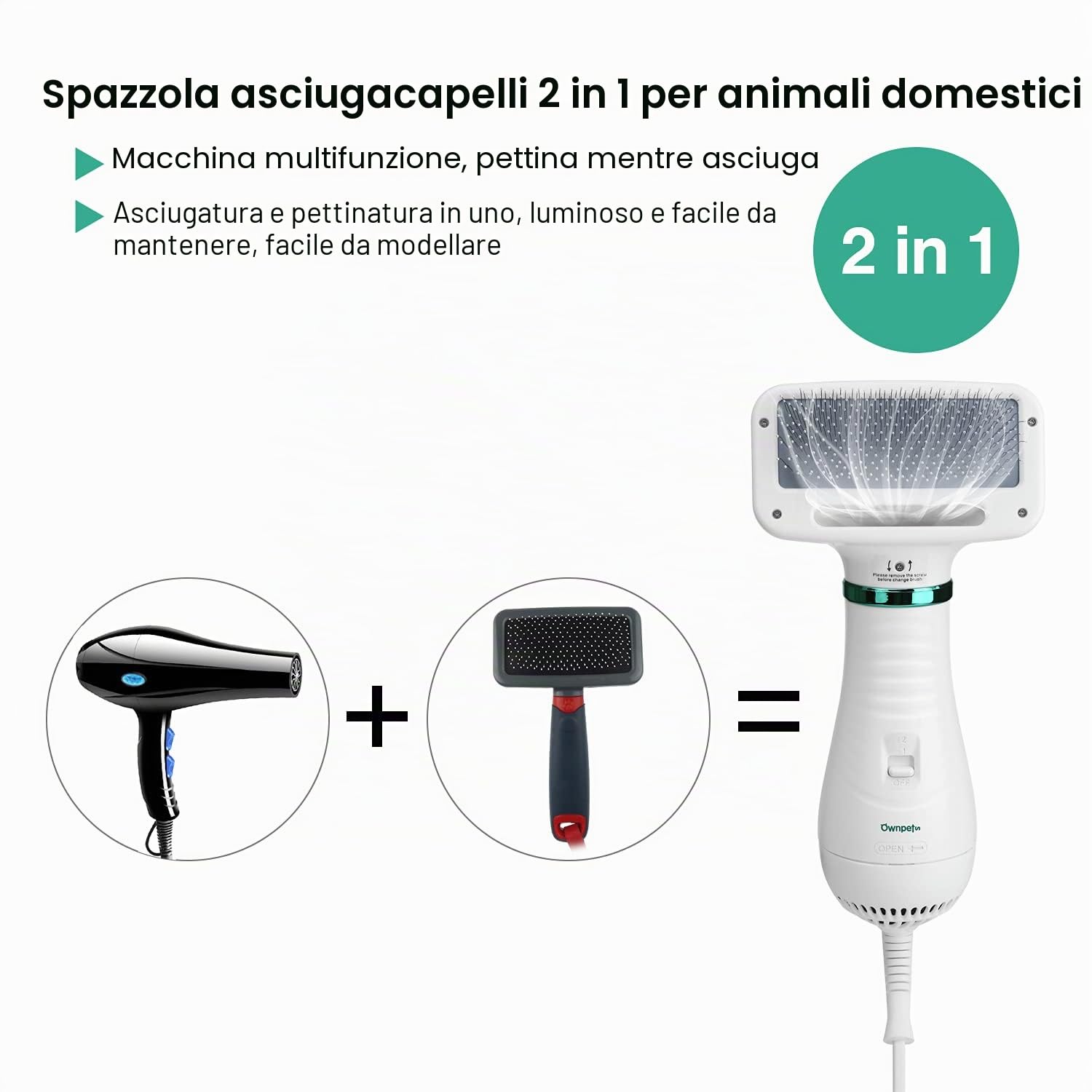 Ownpets Asciugacapelli per cani con pettine in pelliccia, 2 in 1, asciugacapelli per animali domestici, temperatura regolabile, asciugacapelli per cani, gatti o altri animali domestici