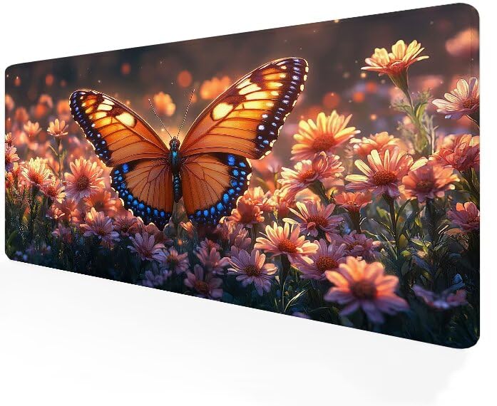 Tapis de souris gamer XXL 900x400mm papillon fleur grand format avec bords cousus durables