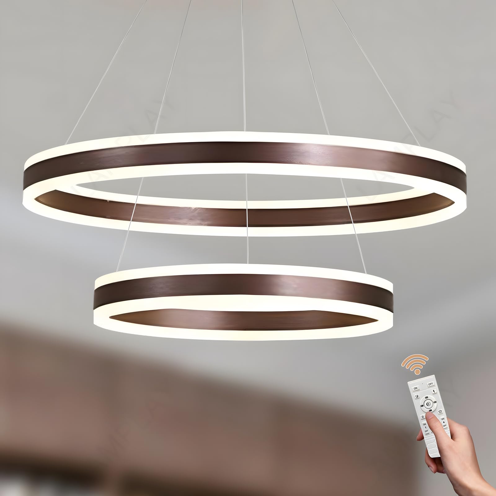 Lamplay Brown Round Led Modern Pendant Light, 2 Ring Chandelier, Dimmable With Remote Control 3000K-6000K Ceiling Light, Height Adjustable, Foyer Living Room Bedroom Dining Kitchen Island (Ø60+80Cm)