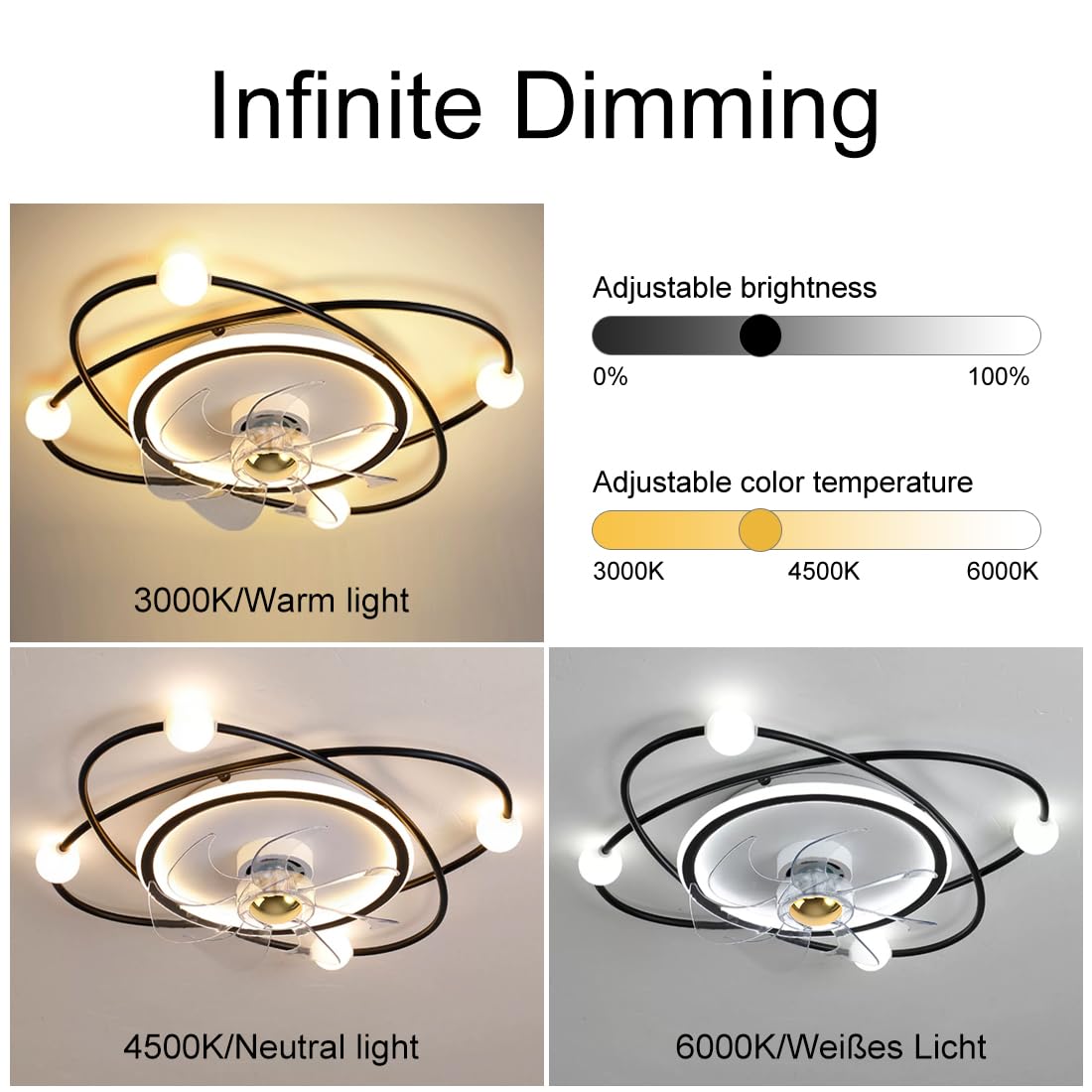 Nowoczesny wentylator sufitowy z oświetleniem, 58 cm ściemnialne światło sufitowe LED z wentylatorem, 42W Timer Wentylator sufitowy z lampą do salonu Sypialnia jadalnia(Czarny)