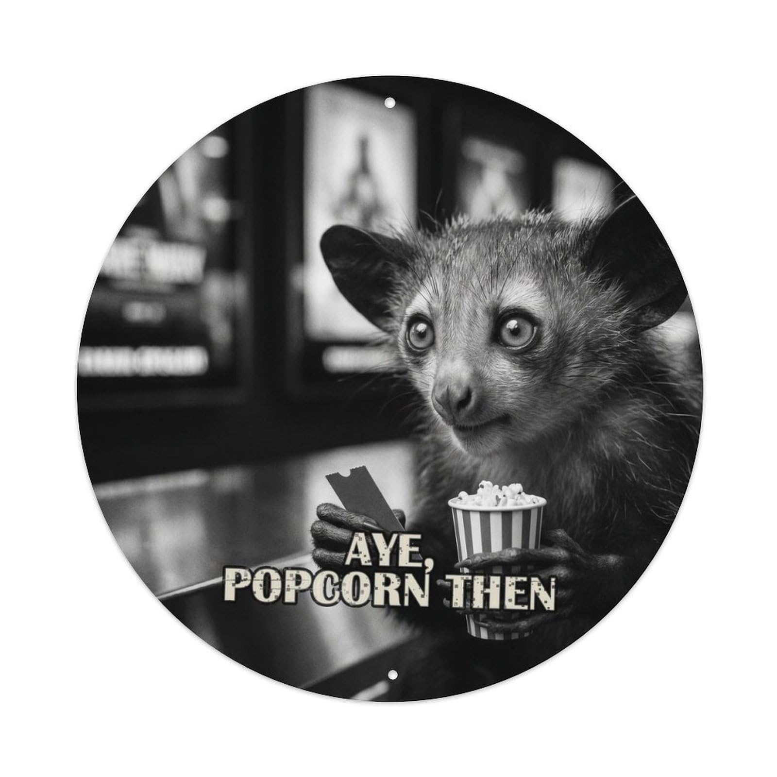 Animal Aye-Aye Cinema Kiosk Anthropomorphic British Comedy Satire Metal Tin Sign Plaque Wall Decor for Cafe, Man Cave, Club Bar, Office, Home Garden Round Metal Poster 8x8Inch