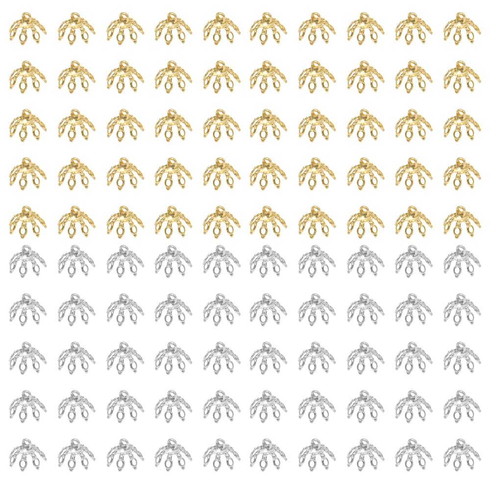 Flower Bead Caps, 50Pcs Copper Alloy Bead End Caps Silver/Gold for Necklace, Earrings, Bracelets, DIY Crafts, Jewelry Making