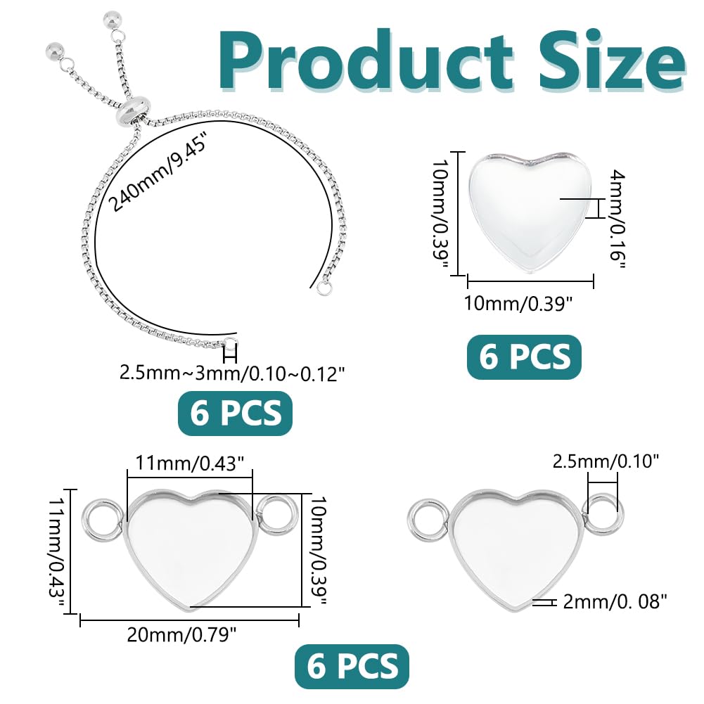 UNICRAFTALE Kit Bracelet Cœur 6 Ensembles - Paramètres Lunette Acier Inoxydable Avec Cabochons Verre 10mm