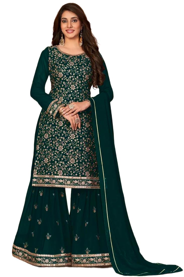 Xomantic Fashion Women's Embroidered Georgette Pakistani Suit Salwar Kamez Dupatta Set (Large, Rama Green)