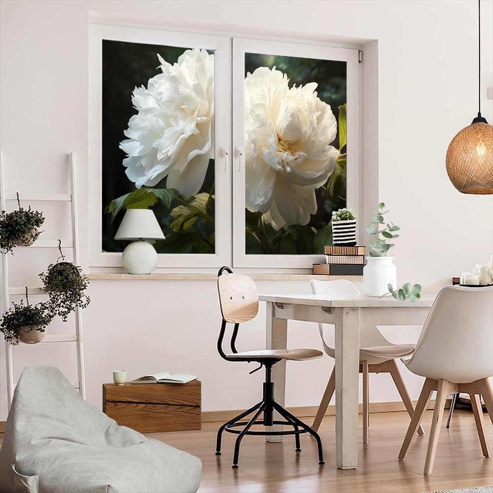 Peony Flower Window Privacy Film Natural Vintage White Flower Pictures Stained Glass Window Coverings No Glue Static Cling Window Film for Home Office Stores 17.7Wx23.6L-inch x2 Pcs