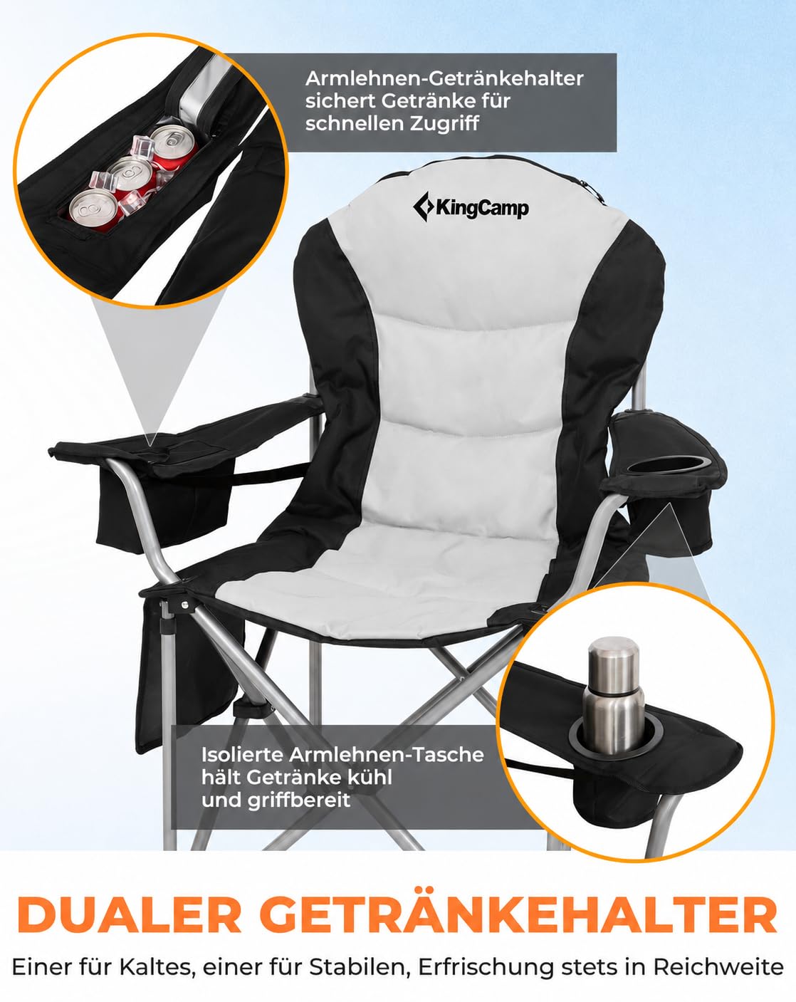 KingCamp Campingstuhl Faltbar Ergonomisch Gepolstert XXL bis 250kg Schwarz | Klappstuhl mit Verstellbarer Lendenwirbelstütze, Kühltasche für Camping, Garten, Angeln & Festival