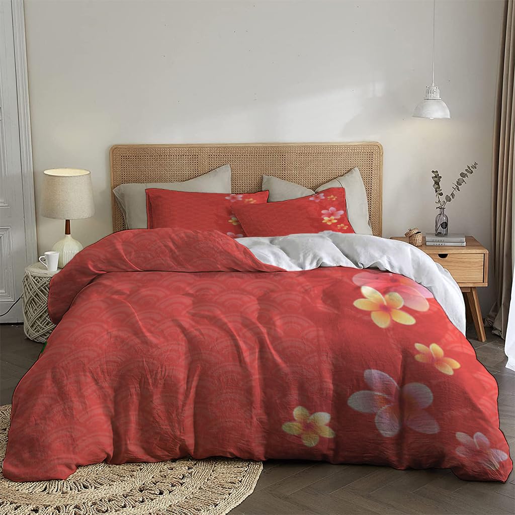 NIBAINLO 布団カバー赤い和風の波模様の抽象的な花柄 肌に優しい ピーチスキン加工 掛け布団カバー 和式 洋式 あったか 布団カバーセット リバーシブル ホームステイ ホテル 家庭兼用