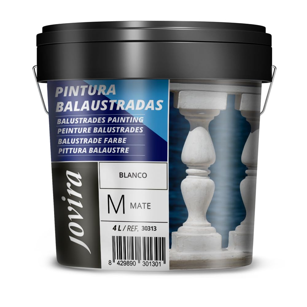 JOVIRA PINTURAS Pinturas Balaustradas, acabado Mate al Agua. Especial para Recubrimientos de Balaustradas y Celosías de Yeso y Hormigón. (4 Litros, Blanco) A-53B