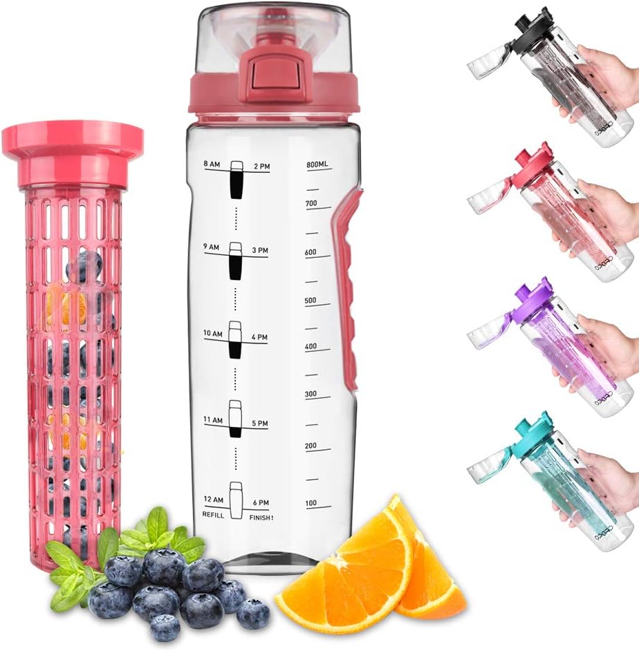 Opard Water Bottle with Time Marker, 30 oz Sports BPA Free Plastic Reusable Fruit Infuser Water Bottles with Handle, Leak Proof Flip Top Lid, Infusion Rod, Cleaning Brush and Recipe