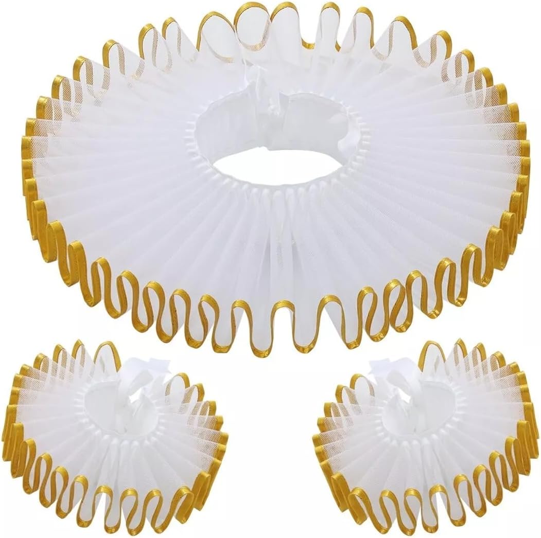 Renaissance Victorian Ruffle Collar and Wrist Cuffs Set Organza Colonial Clown Choker Neck Collar Cuff