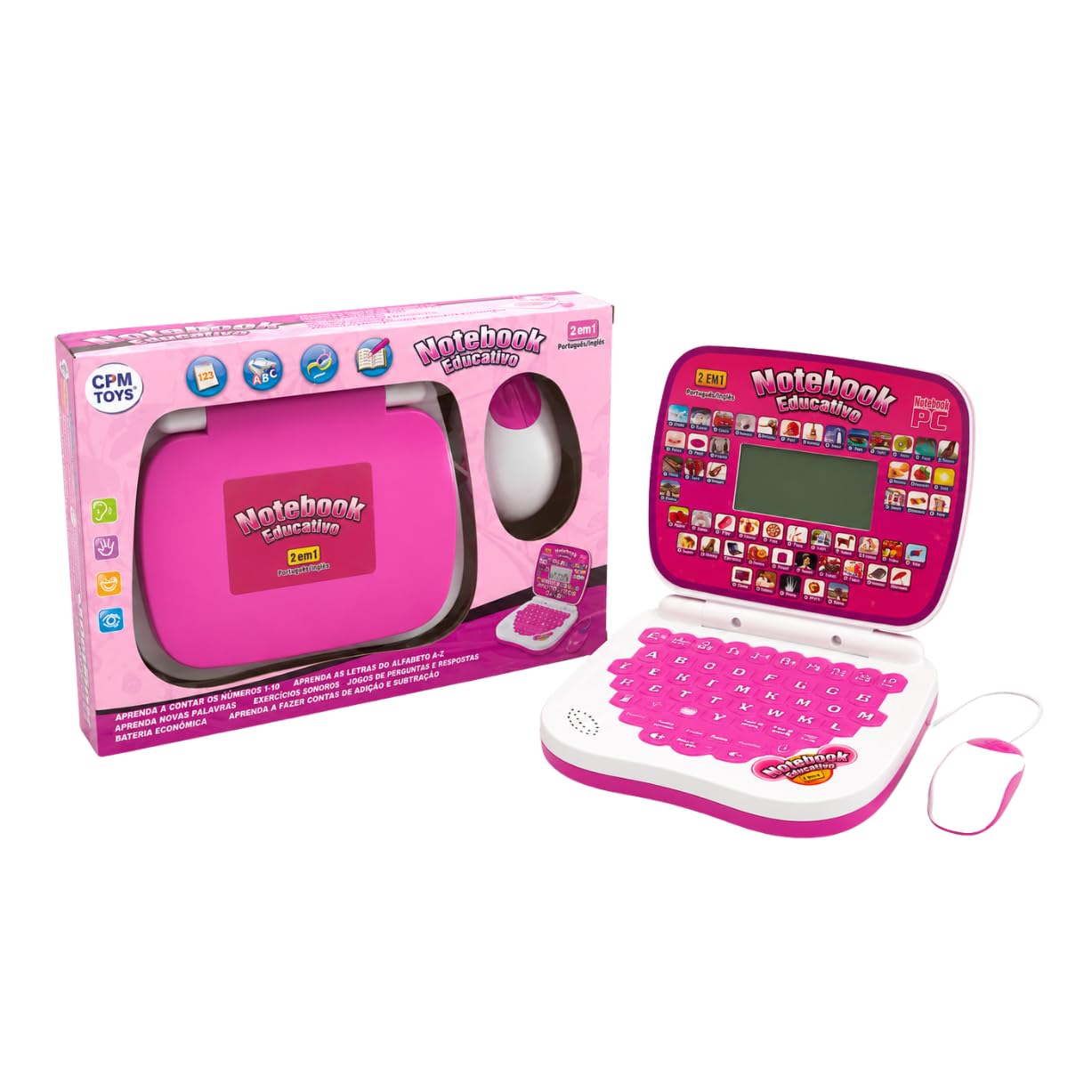 Laptop Infantil Bilíngue Educativo Com Mouse Aprende Inglês (Rosa) | 2 em 1, Inglês e