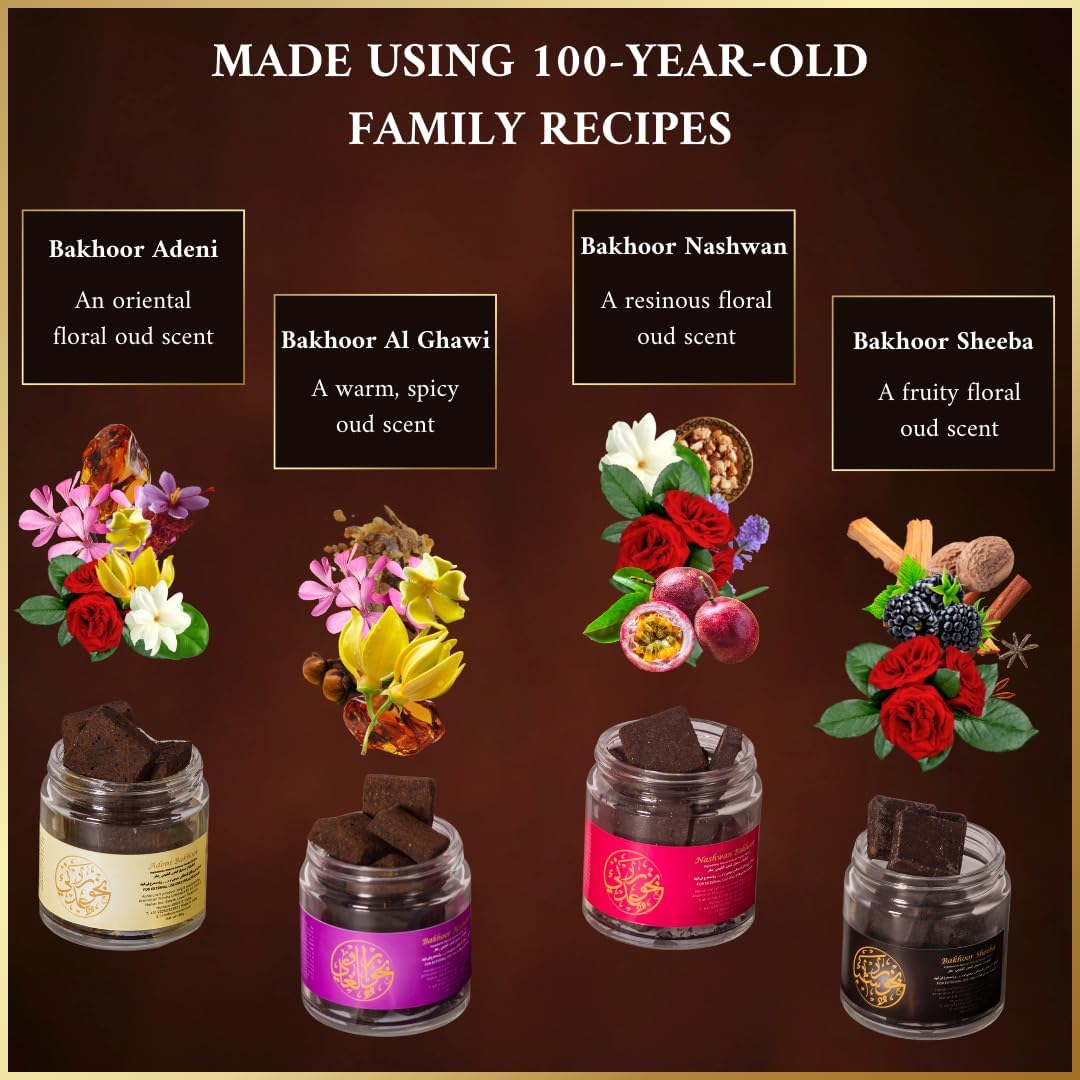 Yemeni Oud Bakhoor Collection by Dukhni | Bakhoor Sheeba, Nashwan, Adeni, Al Ghawi | Arabic Incense | 40 Grams x 4 Jars | Traditional Recipe | Perfect for Prayer | Gift Set