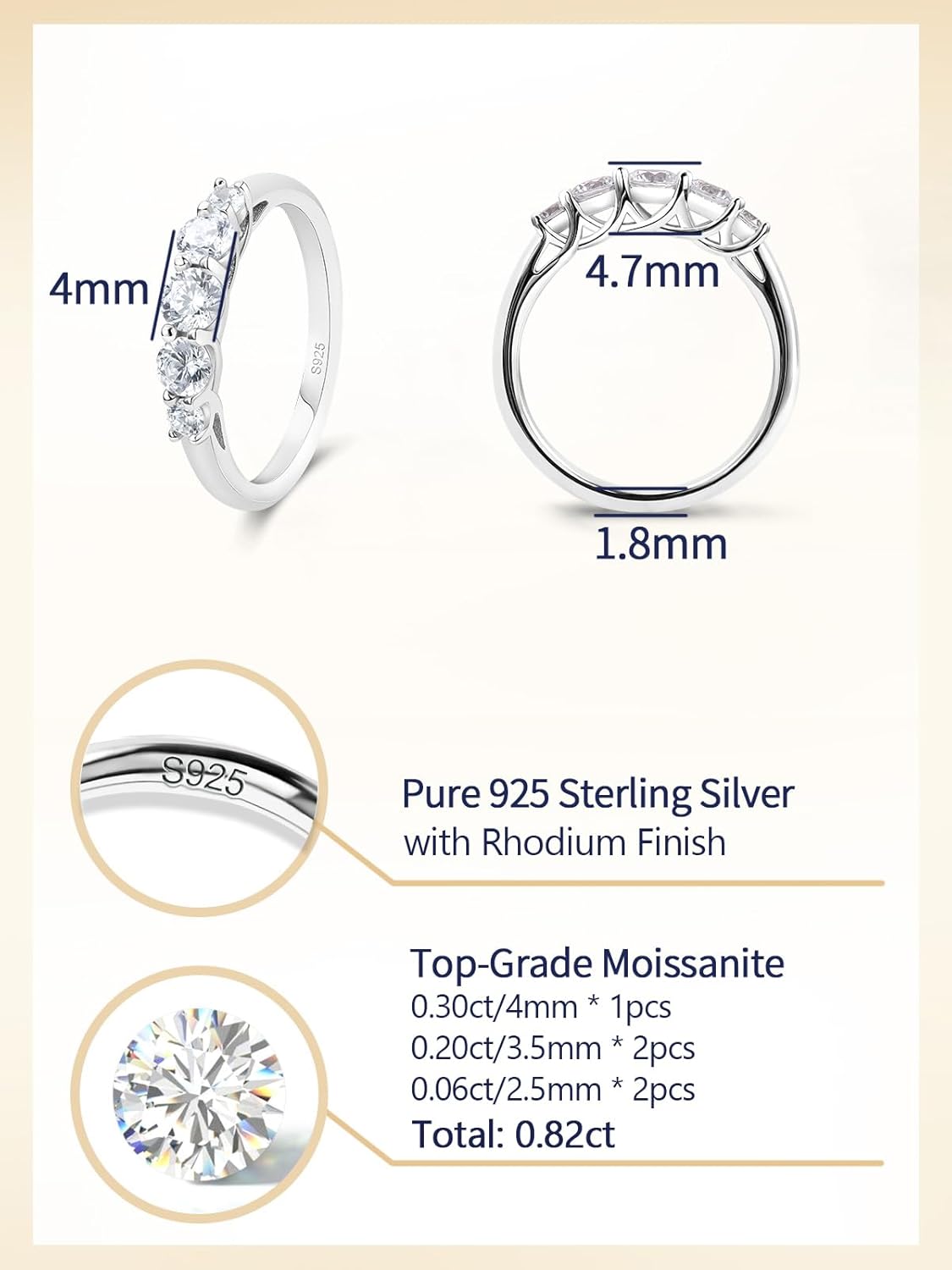 D Color VVS1 Clarity Moissanite Hand Setting Eternity Rings for Women, Solid 925 Sterling Silver Rhodium Finish, Stackable Ring, Wedding Birthday Valentines Anniversary Mothers Day Ideal Gift for Her