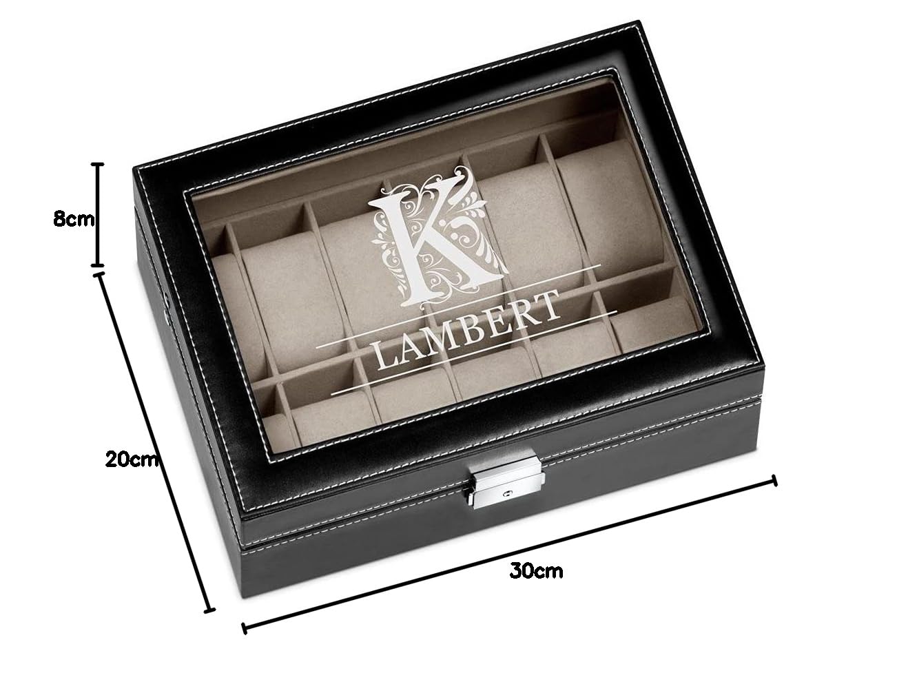 Maverton Boîte à Montres avec Vitrine Gravée - Étui pour 12 Montres à Personnaliser, Boîte de Rangement – Cadeau Homme - Cadeau Personnalisé - Cadeau Anniversaire - Cadeau Noel - majuscule