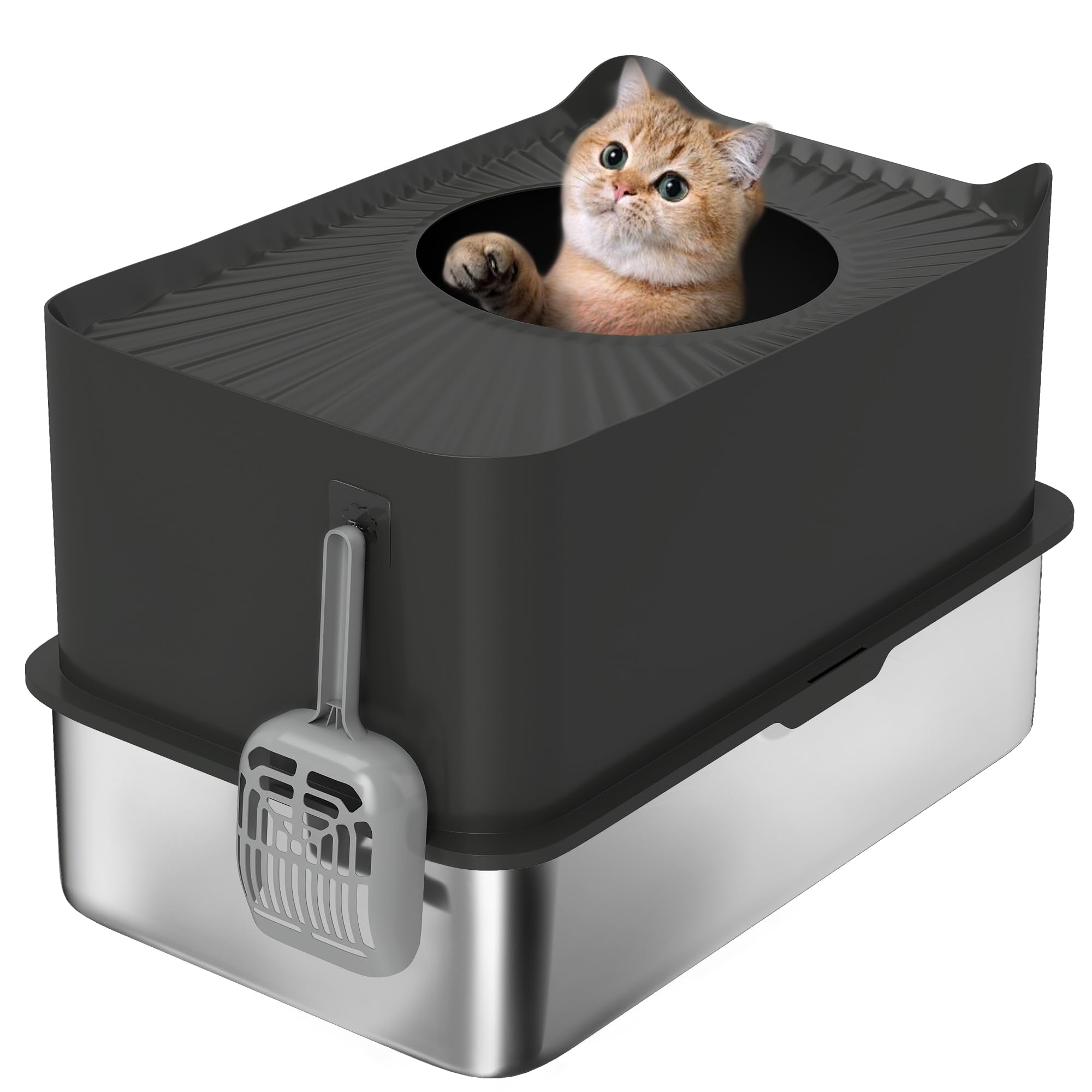 PawHut XL Stainless Steel Litter Box, Extra Large Enclosed Cat Litter Pan with High Wall Sides, Scoop, Top Entrance, Non-Slip Pads, Anti-Urine Leakage, Non-Sticky, Black