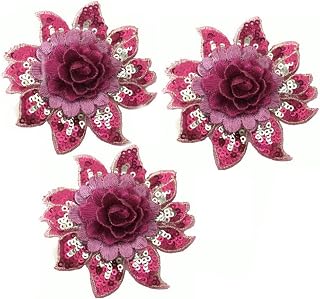 3D Flower Sequins Lace Applique Charming Blue/Purple/Rose red Color Embroidered Fabric Trim DIY Sewing Craft 2 Pieces 8X7.5cm