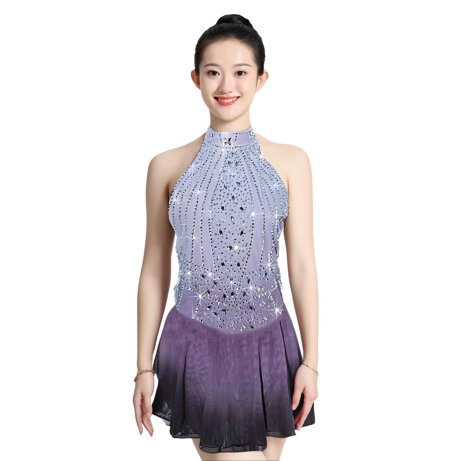 Girls Sleeveless Figure Skating Dress with Rhinestone Decoration, Competition Ice Skating Dresses, Customizable(Large) Purple