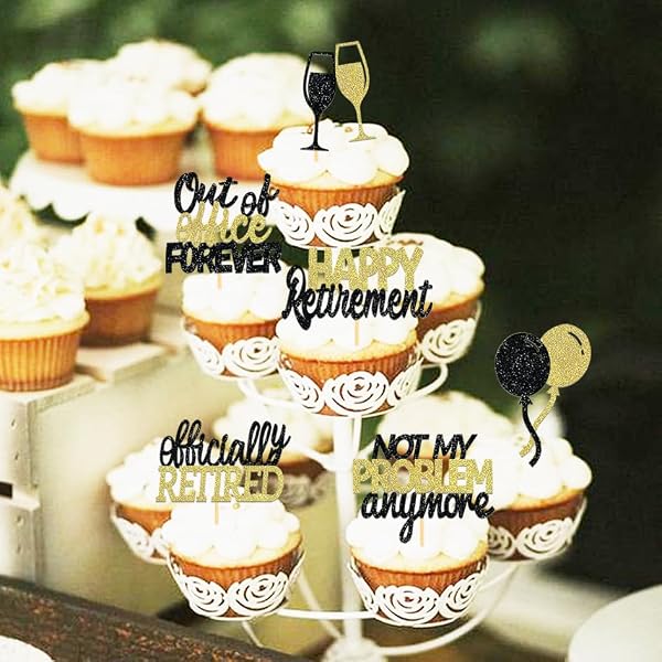 24 Pcs Happy Retirement Cupcake Toppers Officially Retired Cupcake Picks, Out Of Office Forever Retirement Theme Cake Toppers Decorations for Farewell Party Cakes (Black&Gold) by Moitkptt - Used condition - Image 3