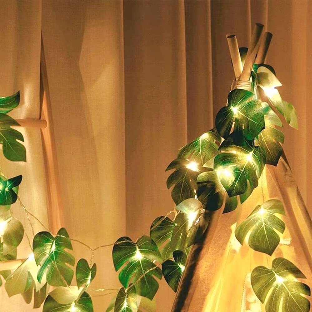 Guirnalda de 40 luces LED de hojas, hojas de palma tropicales artificiales, hojas de palma de ratán tropicales, plantas colgantes de pared para decoración del hogar, jardín, fiesta, vides para