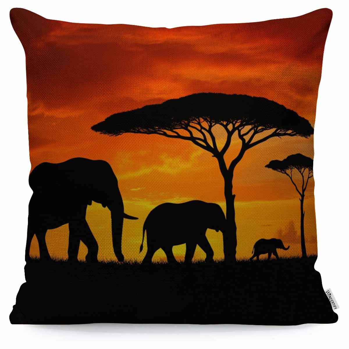 WONDERTIFY Throw Pillow Cover Case African Animal Elephants Family Walk Sunset,Soft Linen Pillow Case for Decorative Bedroom/Livingroom/Sofa/Farm House,Couch Pillow Cushion Covers 18x18 Inch 45x45 cm