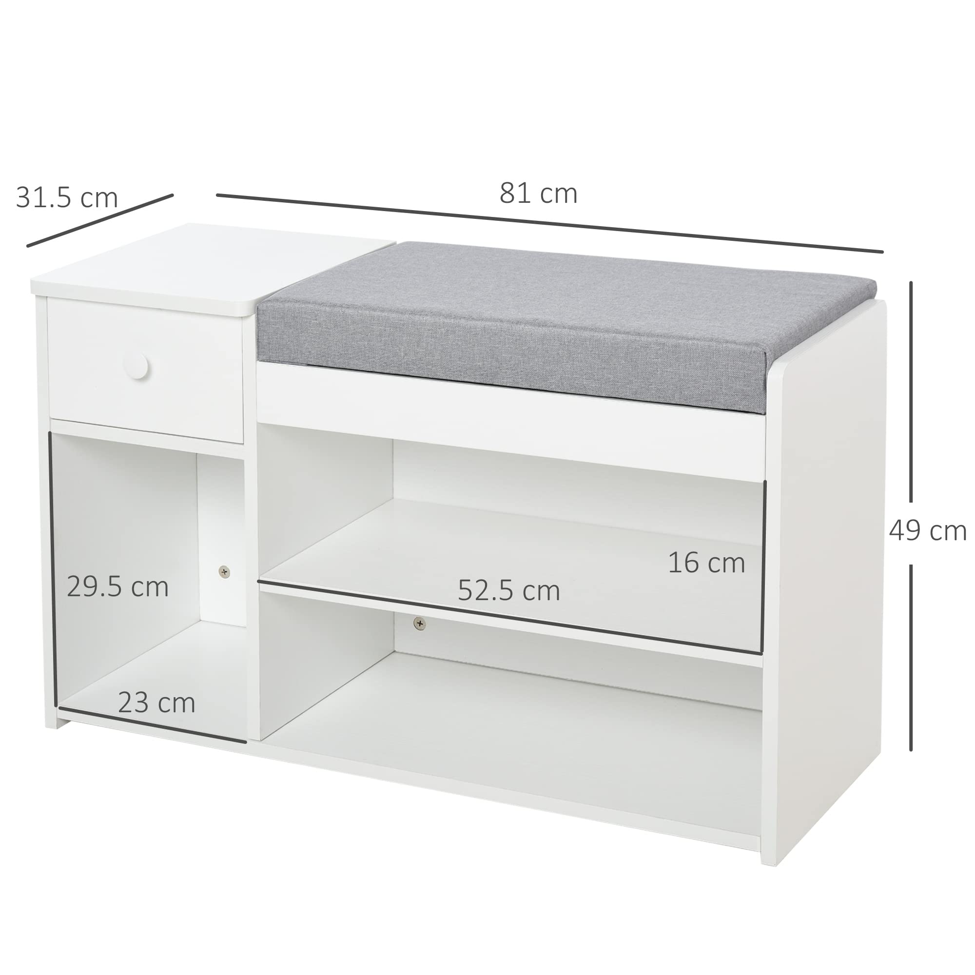 HOMCOM Panca Scarpiera con Cuscino, Cassetto e 3 Vani Aperti, Mobile per Ingresso in Legno 81x31.5x49cm, Bianco