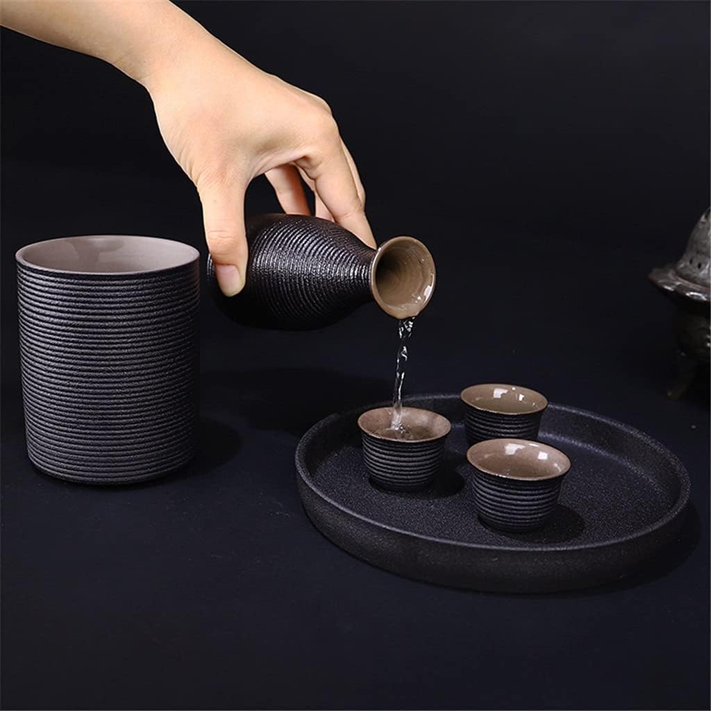 Ceramic Sake Pot Cup Set Black Pottery Liquor Flask Wine Bottle Cups Tray Set(D)