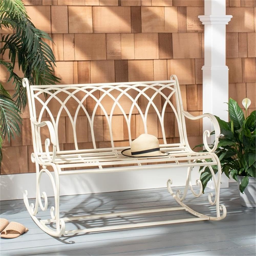 Pemberly Row Wrought Iron Victorian Outdoor Rocking Bench, 43 in Wide, Powder-Coated Metal, Pearl White Finish, Weather-Resistant Patio or Garden Furniture, Vintage Charm for Relaxing Outdoor Spaces
