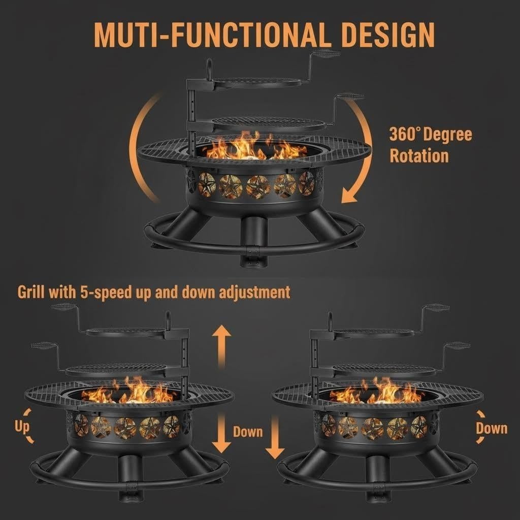 Extra Large 47 Inch Outdoor Fire Pit, 3-in-1 Wood Burning BBQ Firepit with 2 Cooking Grills, Lid and Fire Poker, Heavy Duty Round Fireplace for Backyard, Patio, Camping & Bonfire
