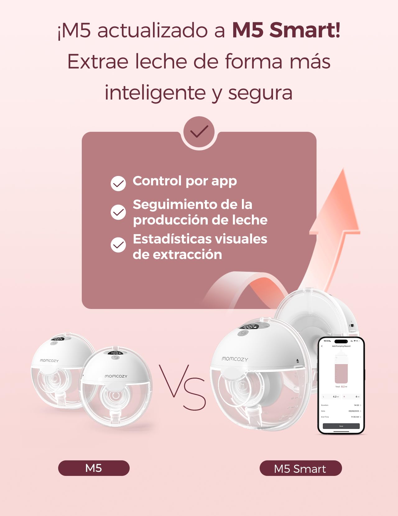 Momcozy M5 Smart sacaleches eléctrico portátil con control por app, extractor de leche materna manos libres inalámbrico, 3 modos y 9 niveles de succión, libre de BPA, ligero, embudo 24 mm