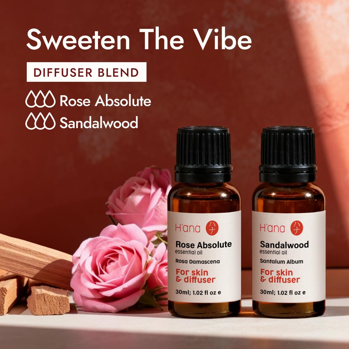 H'ana Rose Essential Oil - 100% Pure and Natural Rose Oil for Face, Skin and Diffuser - with a Sweet, Fresh Scent, Smells Like Fresh Roses - Symbolises Love and Beauty (30ml)