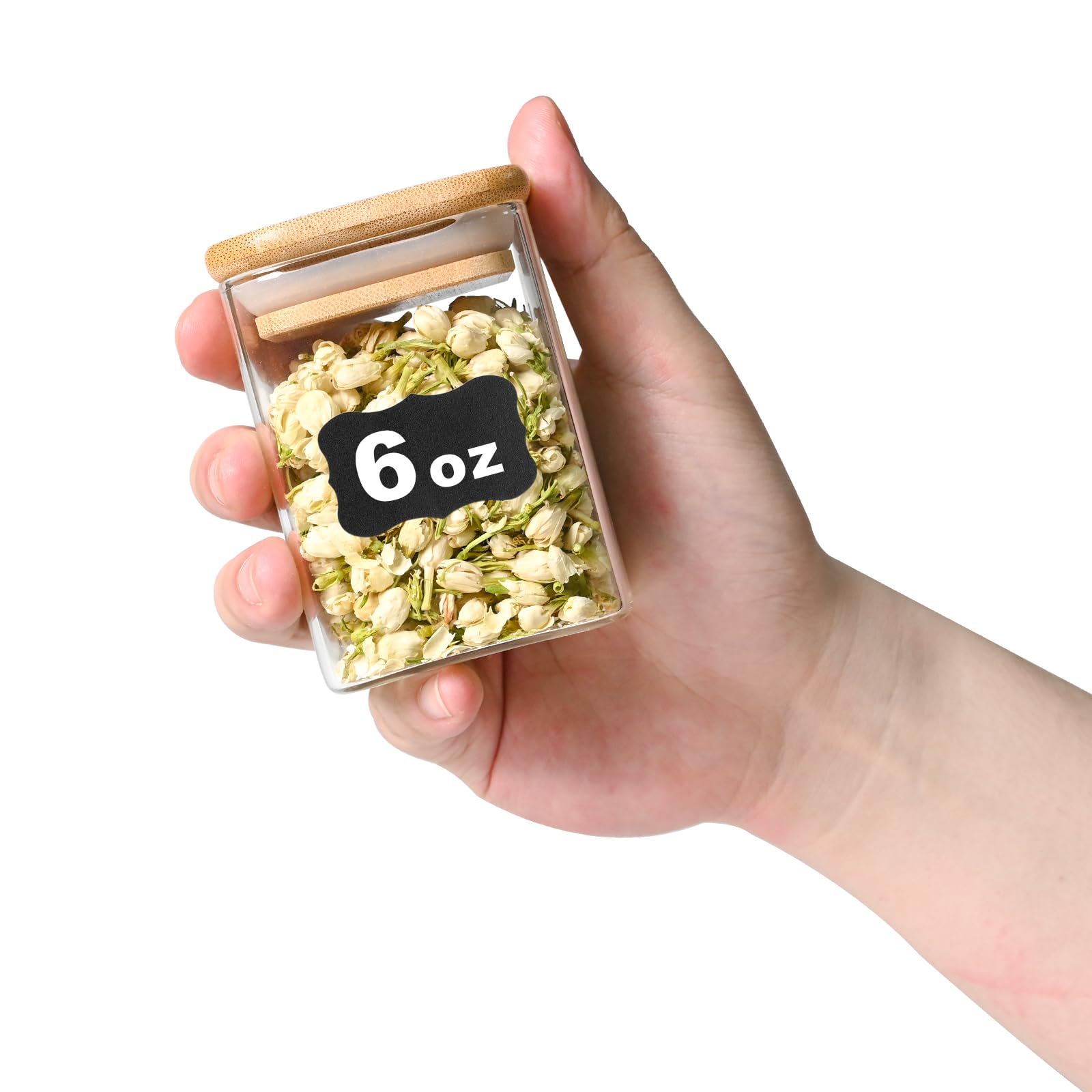Tarros cuadrados de vidrio para almacenamiento de alimentos de 6 onzas, paquete de 16 tarros de vidrio con tapas de bambú, recipientes de almacenamiento de cocina de vidrio para especias, dulces,