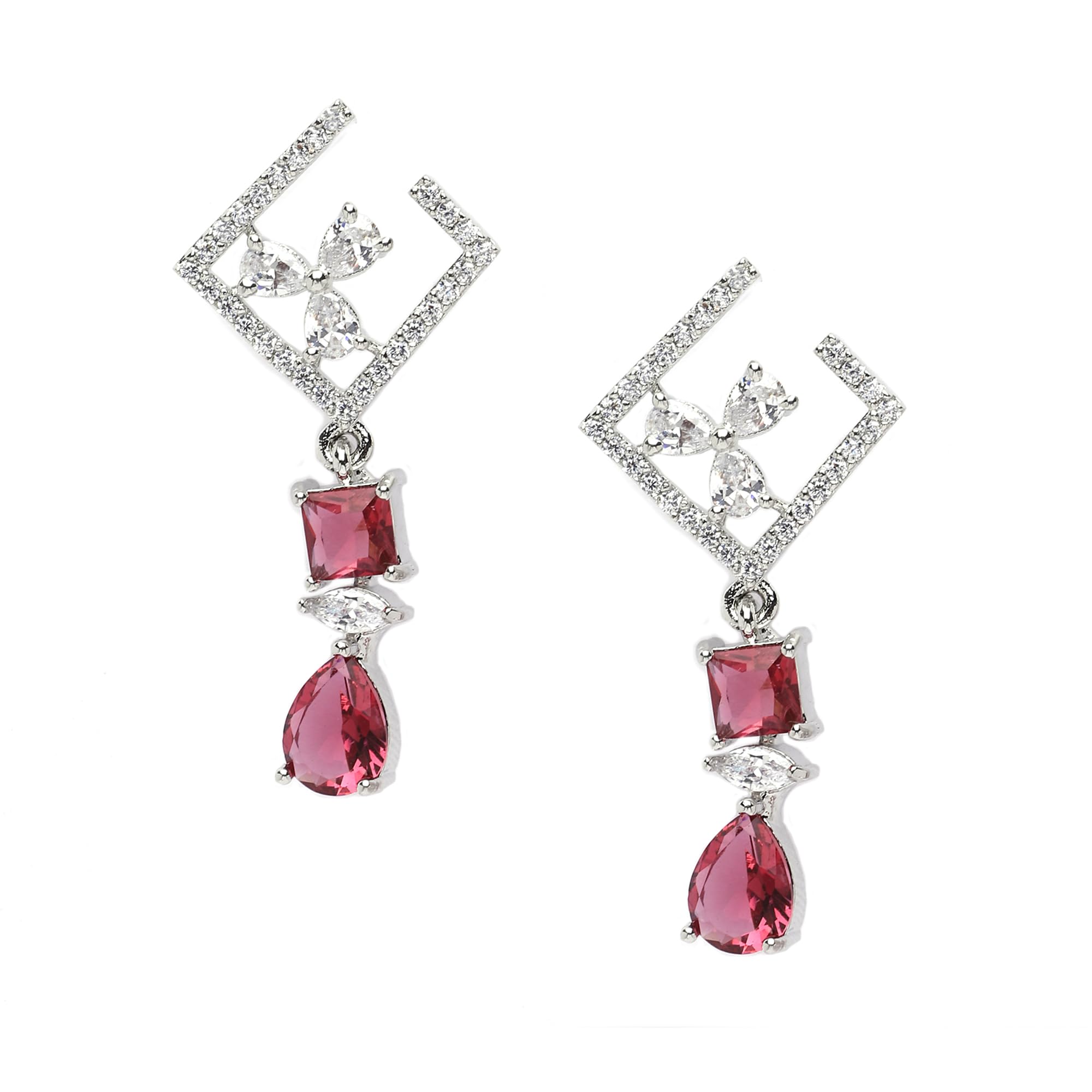 ZENEME Rhodium-Plated American Diamond Studded Square & Teardrop Shaped Contemporary Drop Earrings For Girls and Women (Red) (B0CGDKP2YQ) Amazon Price History, Amazon Price Tracker