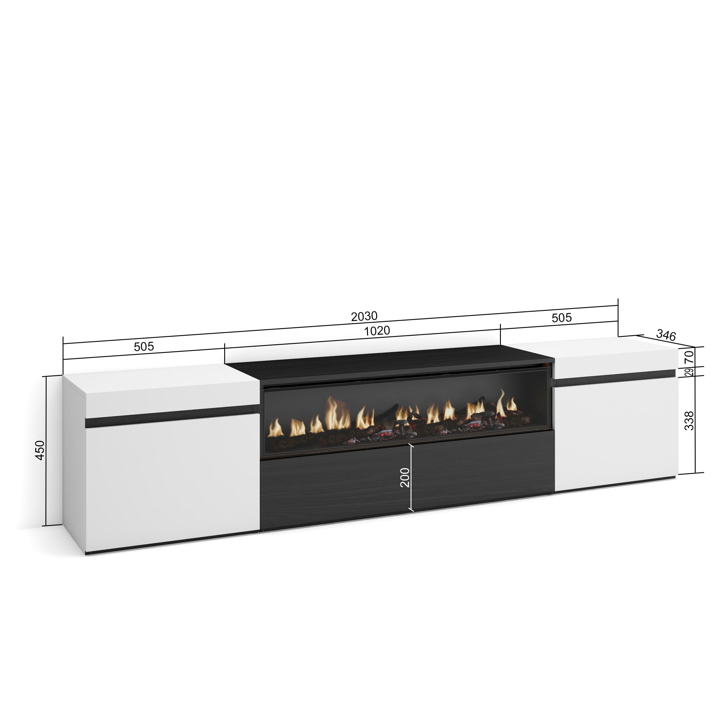 Skraut Home | Mueble TV | Televisión | Muebles de salón, almacenaje | 200x45x35cm | para TV hasta 80" | Chimenea eléctrica | Estilo Moderno | Blanco y Negro