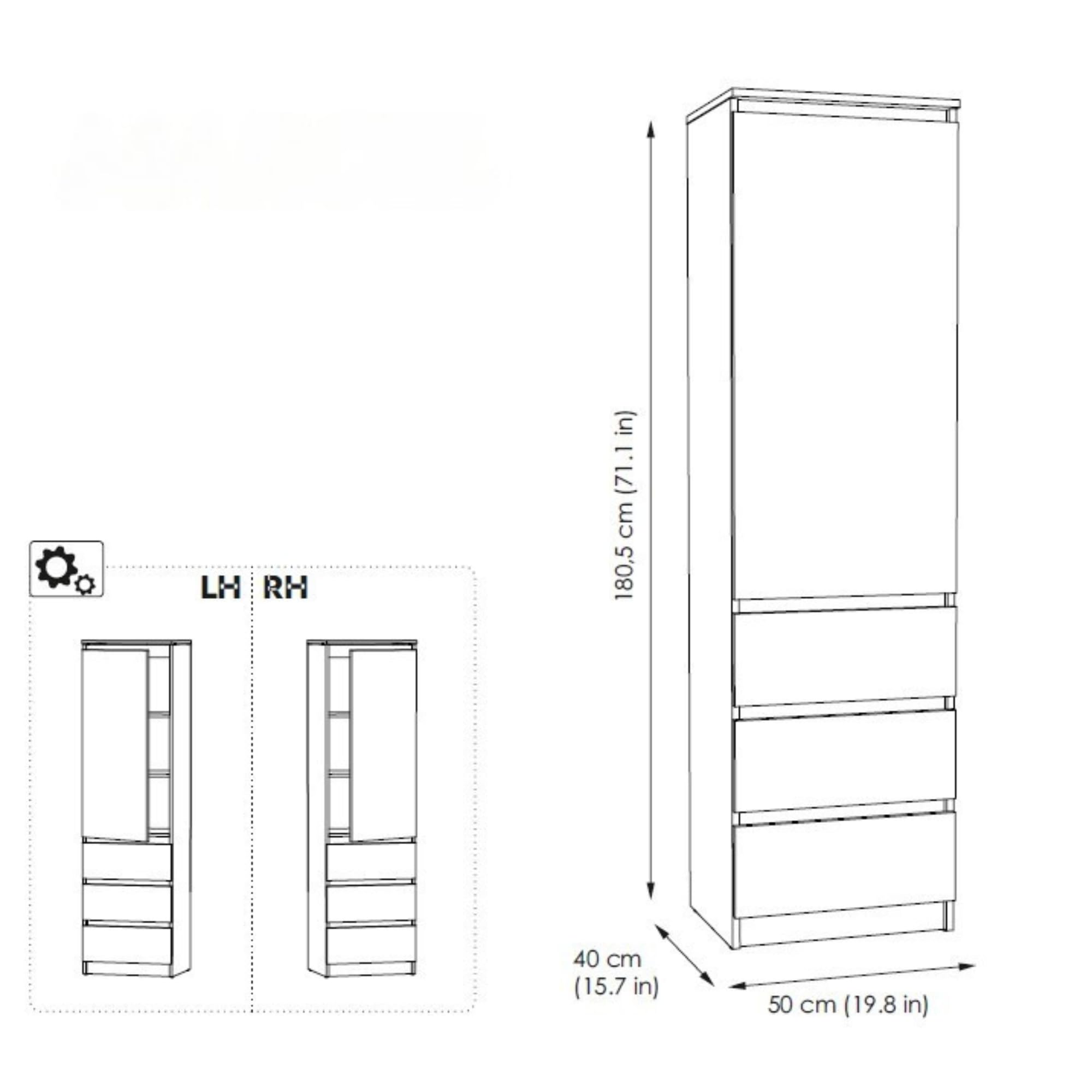 Kleiderschrank, Garderobenschrank, Mehrzweckschrank mit 3 Einlegeböden & 3 Schubladen | kompakter und funktionaler Schrank für Schlafzimmer, Flur oder Arbeitszimmer | 50x40x180 cm (BxTxH) | Weiß