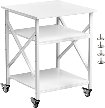 Printer Stand, 23.6 x 23.6 Inches Large Printer Stand with Adjustable Storage Shelf, 3 Tier Printer Table for Home Office, Rolling Printer Cart with Industrial Wheels, Mini Fridge Stand Table, White