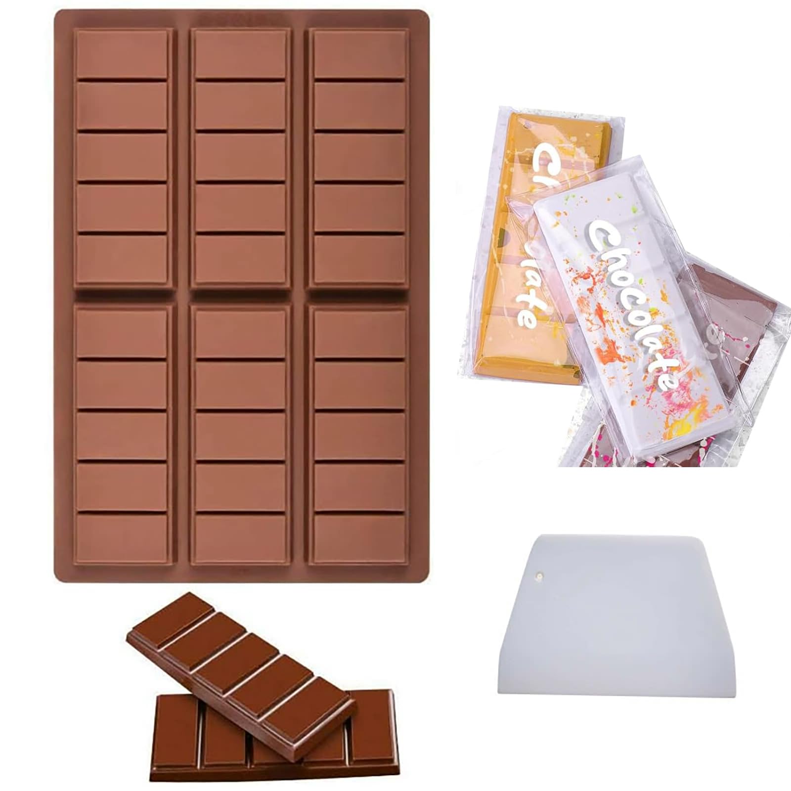 Stampo Cioccolato,Stampo Tavoletta Cioccolato,Stampi in Silicone per Cioccolato,Stampi Silicone 6 Cavità,Stampi Alimenti Antiaderenti per Praline Al Cioccolato Fai Da Te Con Spatola E Sacchetto