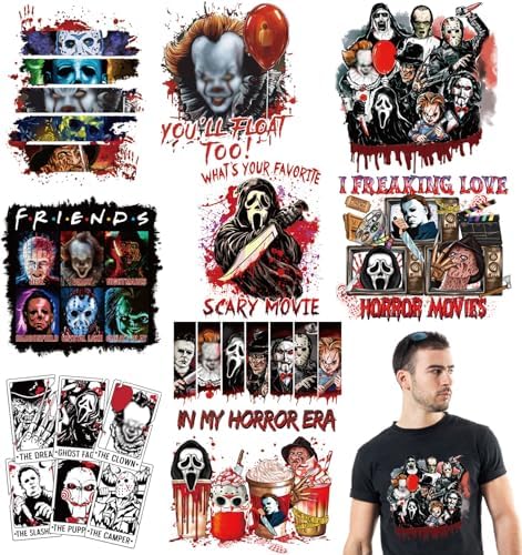 9 Sheets Halloween Iron on Transfers for T-Shirts,Halloween DTF Transfers Ready to Press Heat Transfer Vinyl,Horror Movie Iron on Patches Sticker Halloween Iron on Decals for T-Shirt Clothes DIY