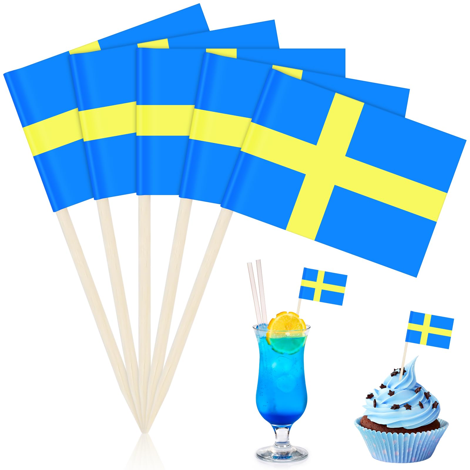 NISENTIA 100 Stück Schweden Deko Zahnstocher Flaggen, WM Deko WM Flaggen 2026 Schweden Flagge Europa Fähnchen Zahnstocher Cake Decoration Toothpick Fag für Torten Fußball EM Eurovision WM Bar Dekor