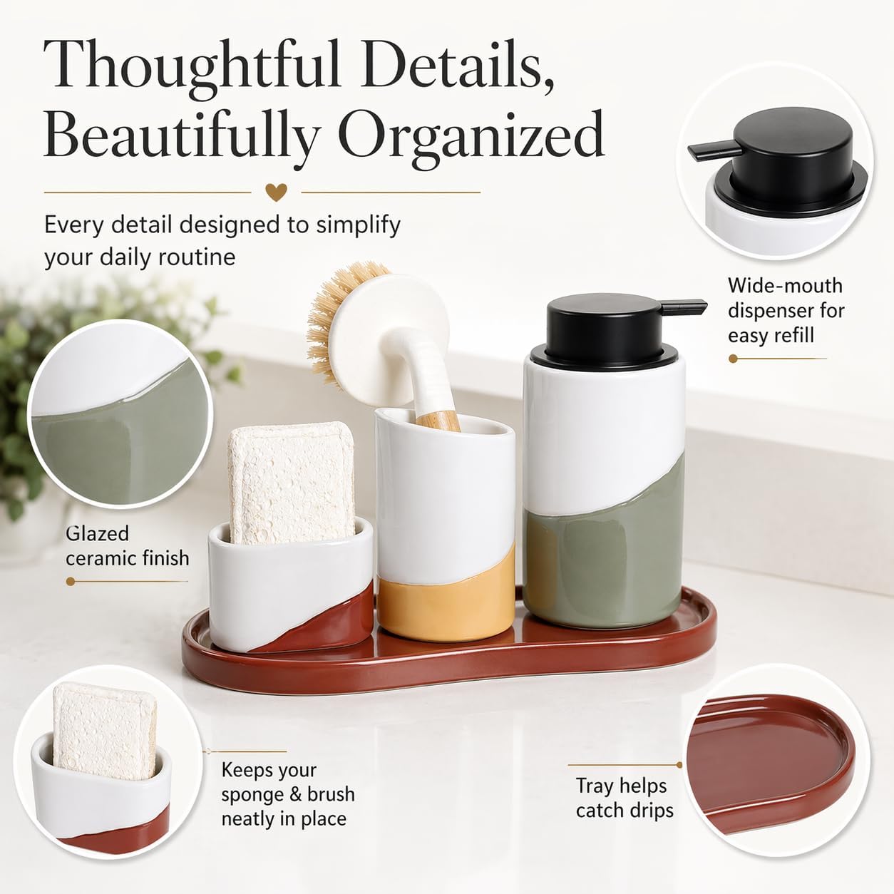 Bosilunlife Ceramic Soap Dispenser Set with Sponge Cup, Brush Cup & Tray image 4